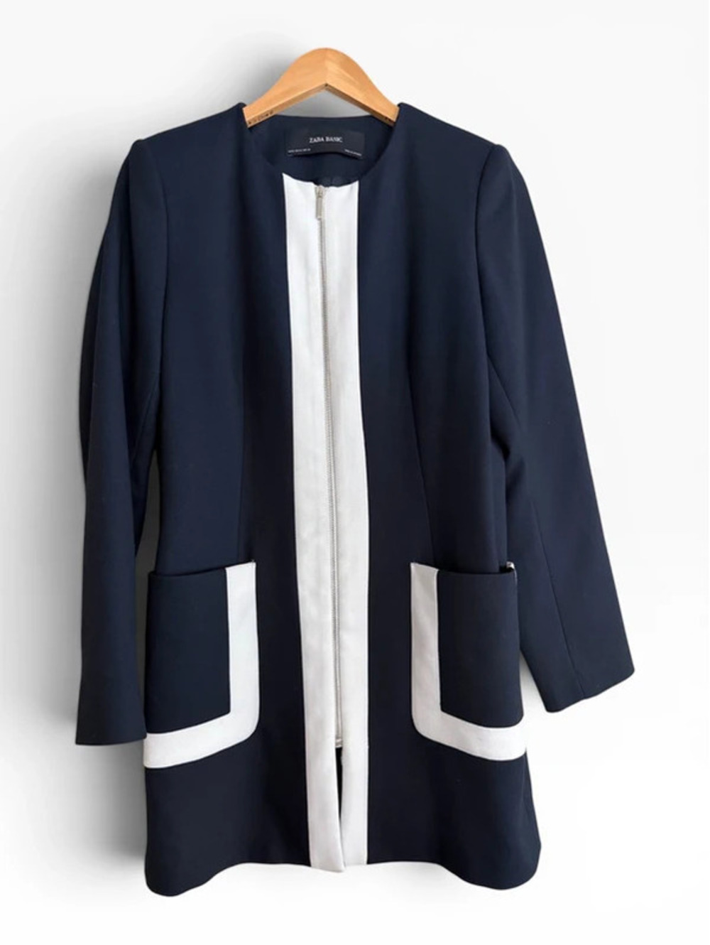 Zara Basic Zip Up Round Neck Frock Coat Blazer Jacket Navy Blue White Trim Mod M - Picture 4 of 9
